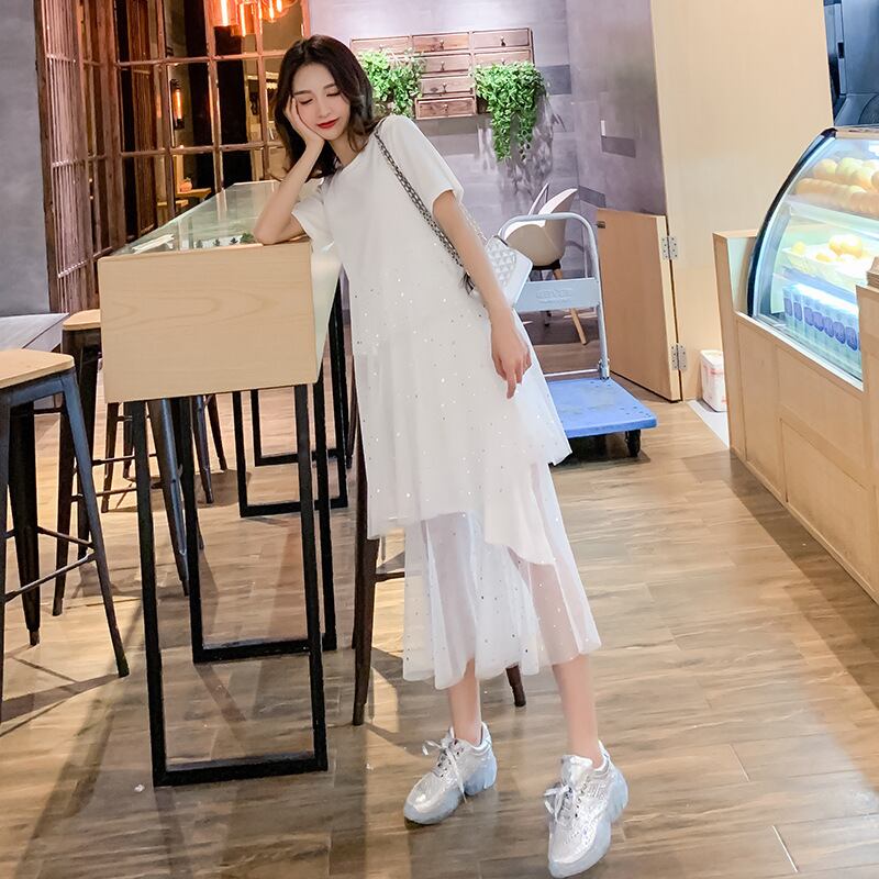 【新作】【送料無料】 マタニティドレス2020夏の新しいメッシュステッチダイヤモンドドレスミドルレングスマタニティケーキドレス-アリババ サマー 夏物 expec244630413852