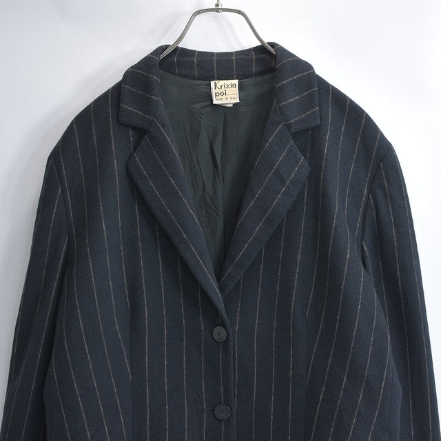 90～00s イタリア製 Krizia poi クリツィアポイ カシミア混 チョークストライプ テーラードジャケット ウール アウター ブラック ヴィンテージ ビンテージ ヨーロッパ古着 レディースL相当