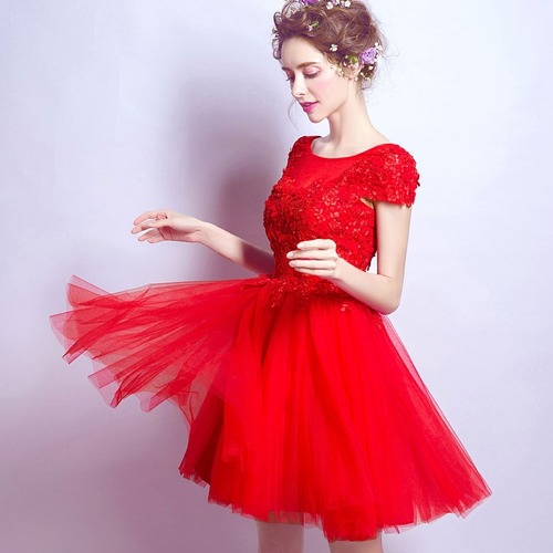 ドレス ワンピース ひざ丈 メッシュレース フィットアンドフレア 半袖 花のモチーフ ビーズ レッド パーティー 春夏 レディース　BADA0046