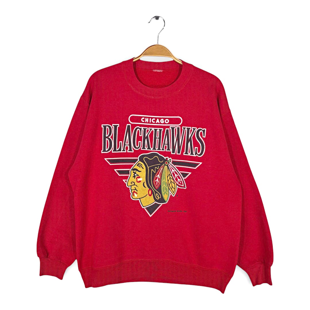 90s NFLシカゴブラックホークス インディアンヘッド ヴィンテージ スウェット スウィングスター 赤 アメフト CHICAGO BLACK HAWKS サイズXL 相当 古着 CF1006