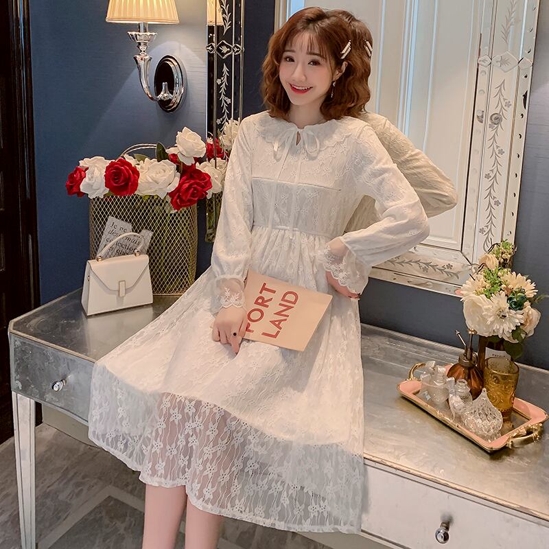 【新作】【送料無料】 8193＃春の白いレースマタニティ看護ロングドレス甘い母乳育児服レース母乳育児 ホワイト 大人ガーリー スウィート キュート カジュアル スプリング 春物 AL expec372340433377