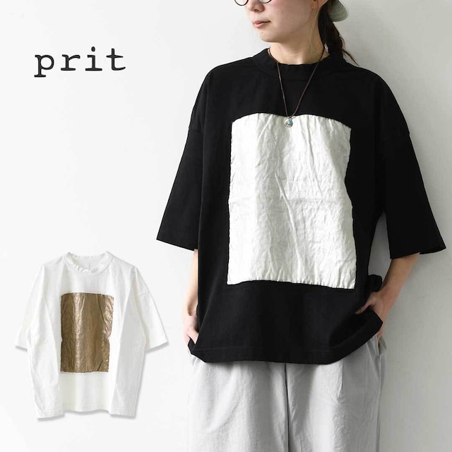 prit [プリット] 17/1空紡天竺×40/1リネン箔プリント 5分袖フレームＴシャツ [P91605] Tシャツ・5部袖Tシャツ・プリント・ドロップショルダー・ゆったりシルエット・LADY'S [2026SS]