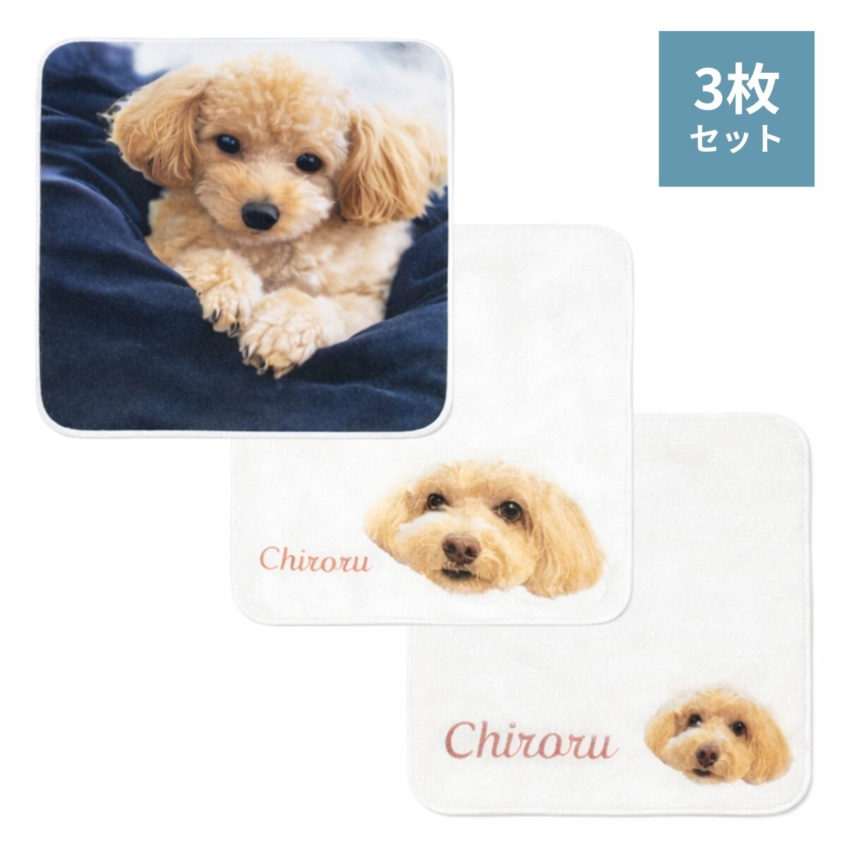 【おもいで】犬猫ハンドタオル3枚セット(全面プリント1枚+ワンポイント2枚)