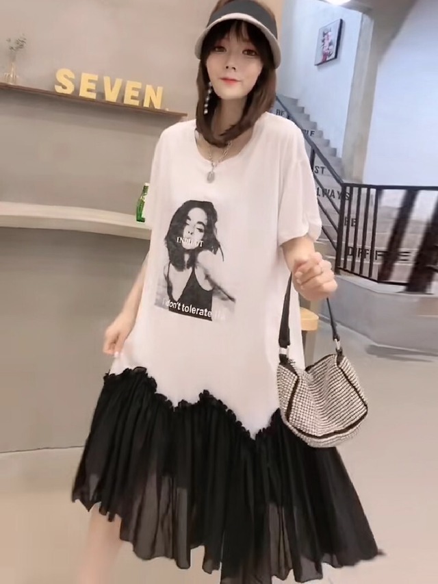 スタンダードラウンドネックパッチワークドレス ルーズスカート レトロ 大きめサイズ Oネック ミックスインファッション96212318535