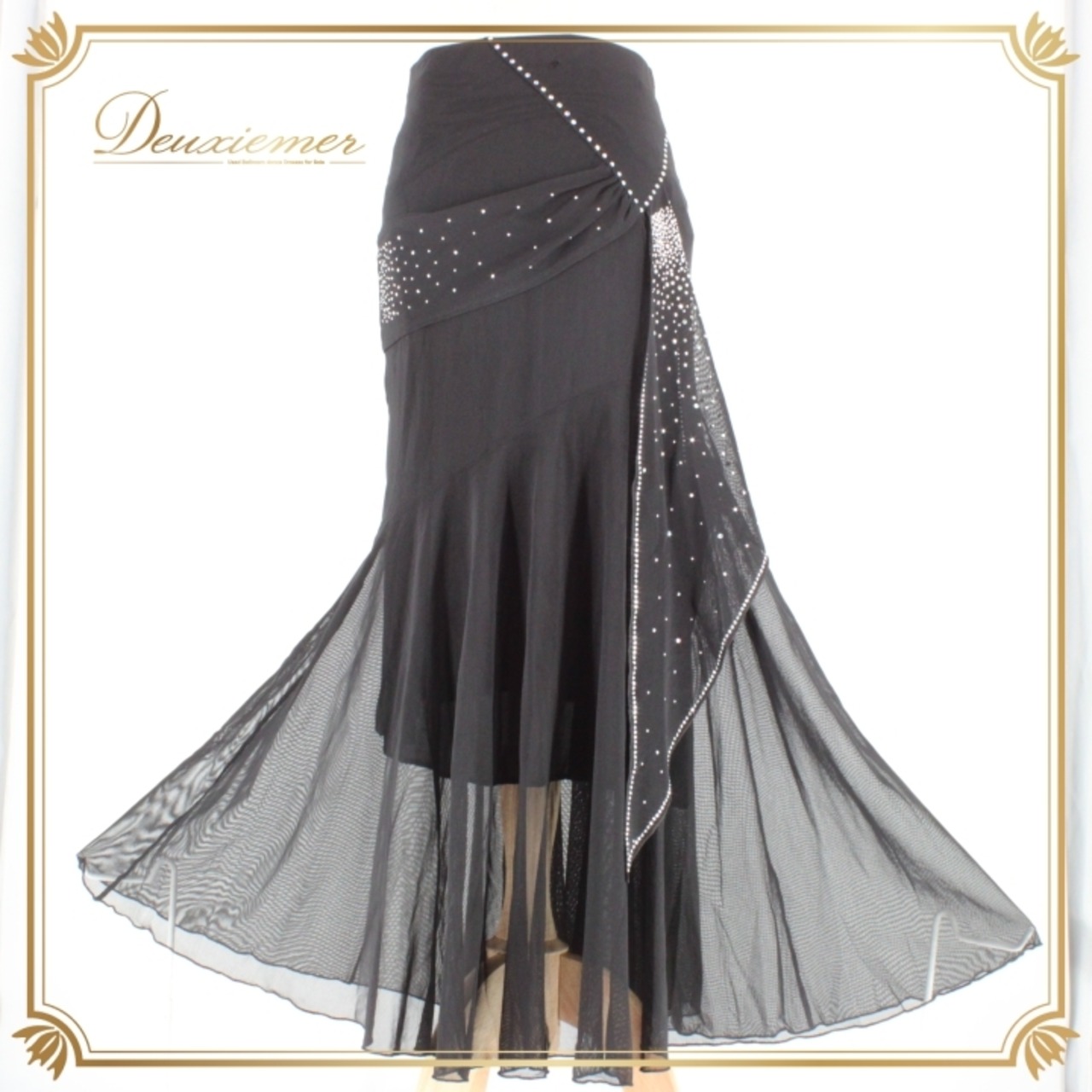 社交ダンス 衣装 スタンダード スカート レッスンウェア レディース ラインストーン 黒 ブラック系 レース 練習着 かわいい フォーマル 上品 エレガント デザイン 体型カバー 薄手 フレアスカート 練習用 ダンスウェア 伸縮性 軽量 スタイリッシュ クリスタルディテール 派手すぎない 取り入れやすい シンプル 上品さ コーディネート 色気 ラグジュアリー感 パーティーウエア 脚長効果