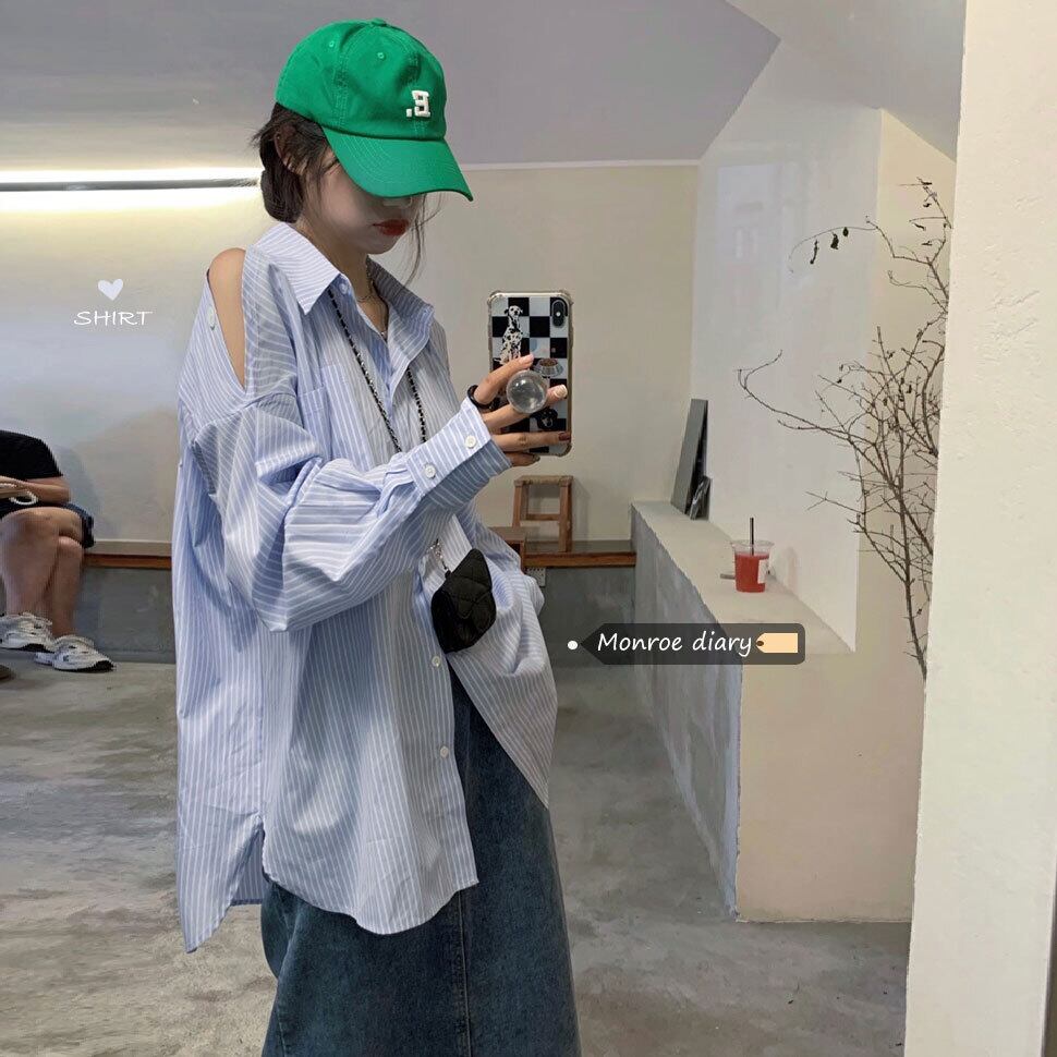 スタイルストライプシャツ オータム薄手ジャケット サマートップス ロング 夏物 秋物 オフショルダー モンロー61893554279
