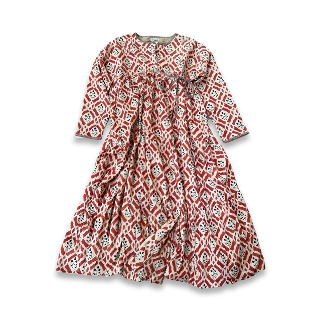 saruche バガトリ ギャザーティアードワンピース 格子花赤