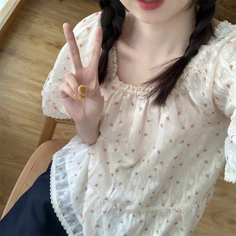 レーススリーブシャツ サマーフローラルトップス 大人ガーリー スウィート キュート カジュアル 夏物 花柄 萌量不足51239798205