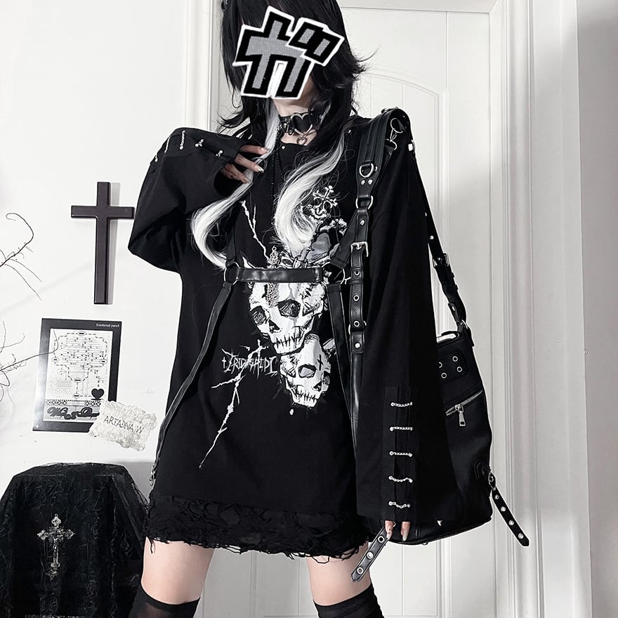 パンク 推し活 ライブ 長袖 Tシャツ スカル プリント Y2Kファッション
