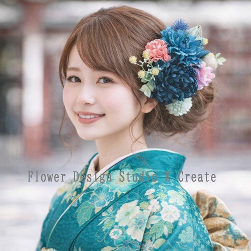 ネイビーとブルーグリン系のお花のヘッドドレス　成人式　卒業式　結婚式　ネイビー　ブルーグリン　ミント　エリンジウム　水引　袴　和装婚
