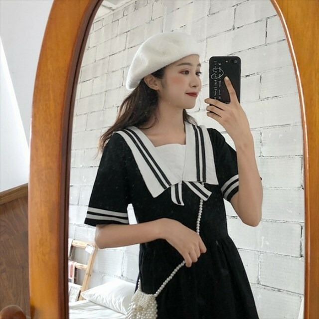 レディース ワンピース 半袖 サブカル系 セーラー風 レトロ ミモレ丈 夢かわいい ガーリー 甘め プチプラ オルチャン 天使と悪魔 サブカル 系ファッション Seasonz