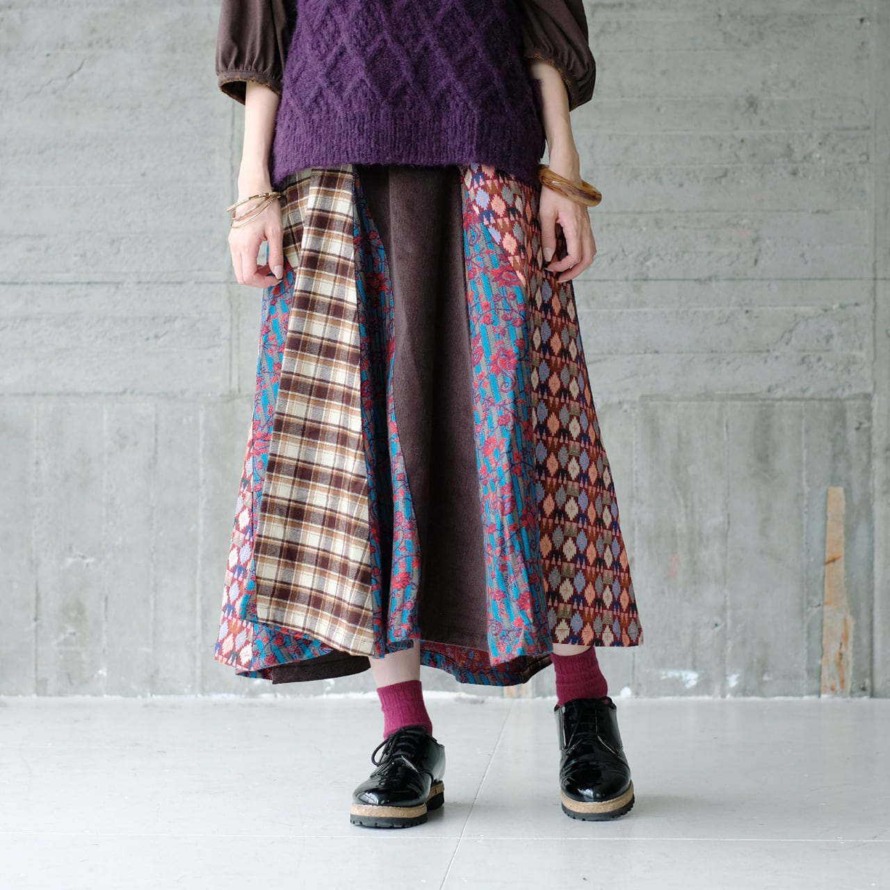 新色】パッと華やか！ダカ織ミックス斜めパッチワークロングスカート