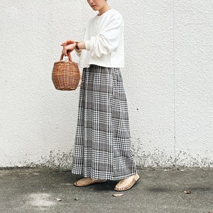 Cotton crêpe check wide pants