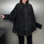 denim ruffle mid length jacket / l1005