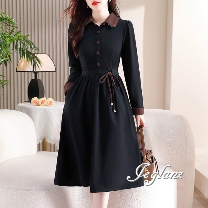 バイカラー シャツ ワンピース 襟付き 異素材 ドロスト ♪( MA986)