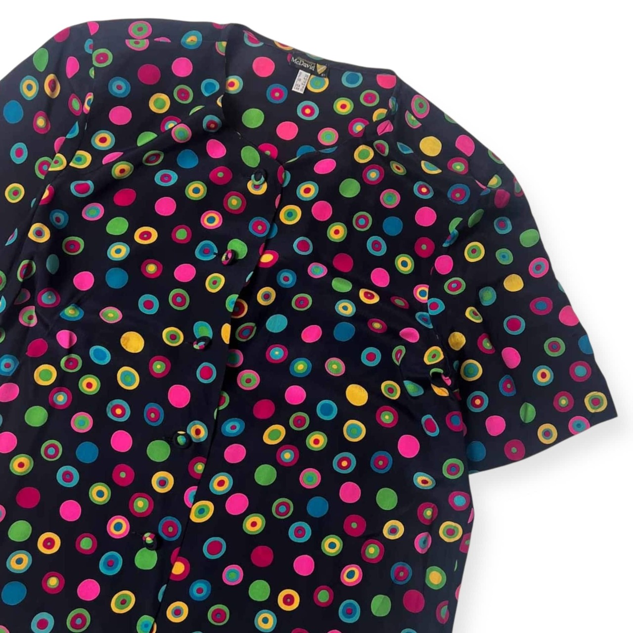 80s 90s 上下 McDavid マックディビッド シルク100% ドット柄 セットアップ 半袖 ブラウス スカート I44/マルチ レディース ビンテージ ドイツ製