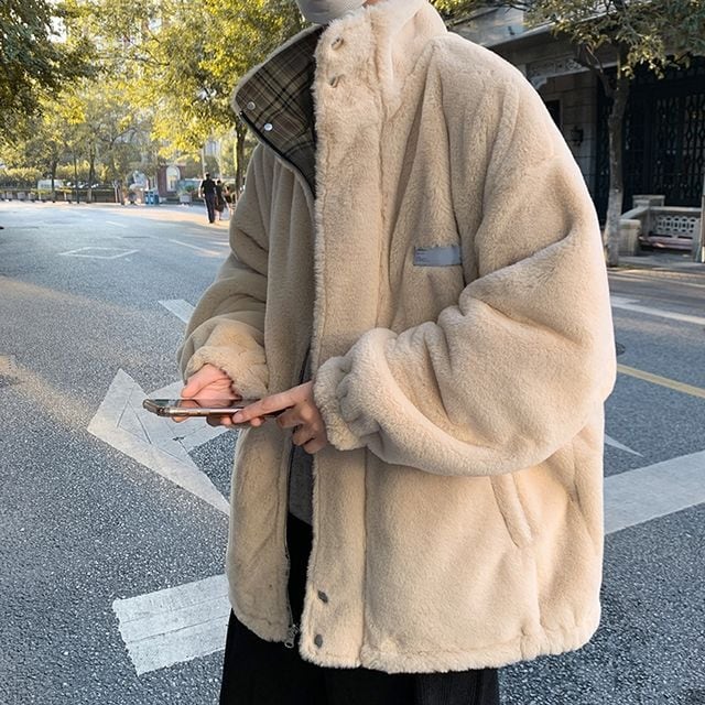 【予約販売】ブルゾン リバーシブル 2Way ボア アウター 冬 チェック柄 ジャケット ショート丈 メンズ シンプル ホワイト ブラック ベージュ 男前 こなれ感 お洒落 韓国 トレンド 秋 冬 M/L/XL/2XL