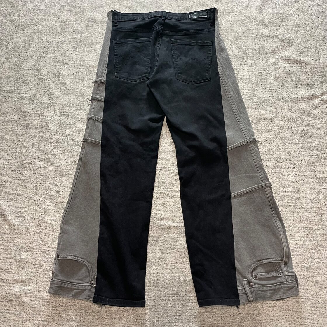 再構築デニム ブラック×グレー フレアパンツ ワイド Y2K グランジ 
