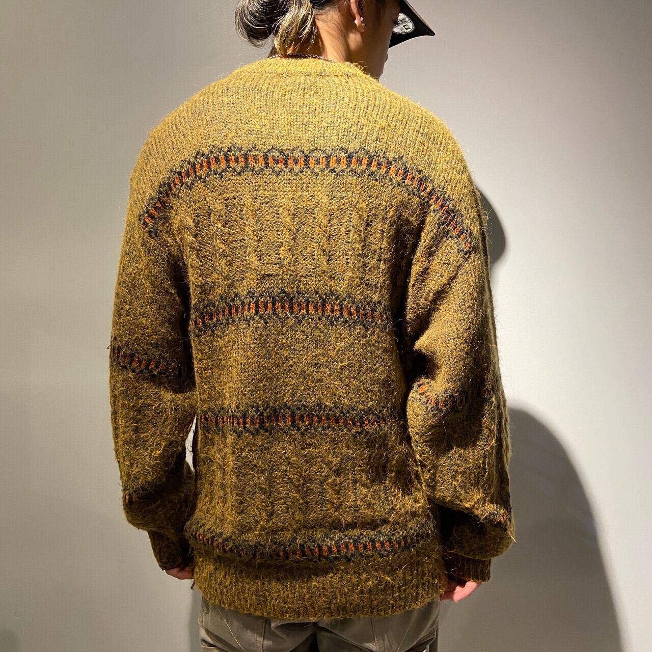 モヘア アクリルニットセーター メンズL相当 古着 総柄 毛足長め