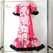 フラダンス 衣装 ワンピース ドレス ピンク系 ハイビスカス柄 モンステラ柄 ハワイアンプリント アロハ フラ ダンス レッスン 練習 フリル パフスリーブ 華やか 鮮やか かわいい おしゃれ 大人っぽい 明るい ホワイト系 ブラック系 ピンク 白 黒 フラダンス衣装 レディース カジュアル
