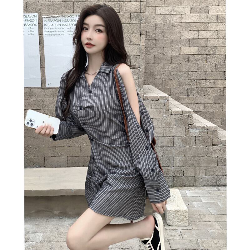 ストライプシャツ ドレス オータムストラップレスウェストショートスカート 秋物 ガールズファッション67250453612