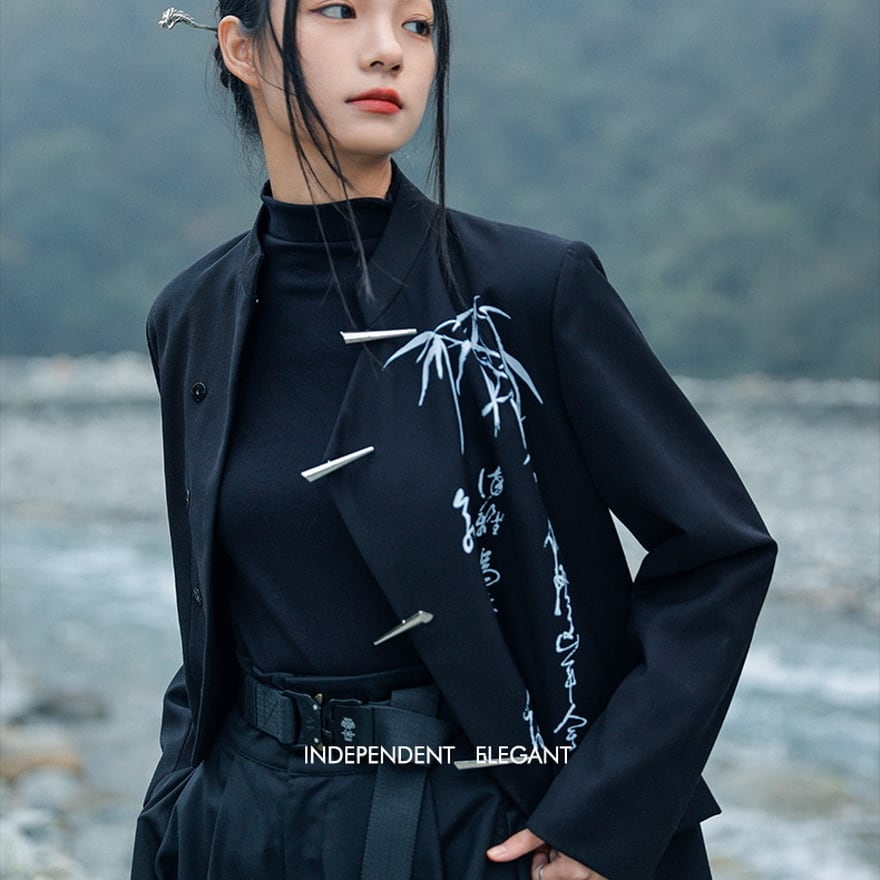 ロリィタコート　アウターウェア　プリーツ　ダークネイビー　シフォン　チャイナスタイル　長袖　ノッチネック　無地 ゴスロリ通販 With U ゴシック ロリィタチャイナ服 ジャケット 漢字柄