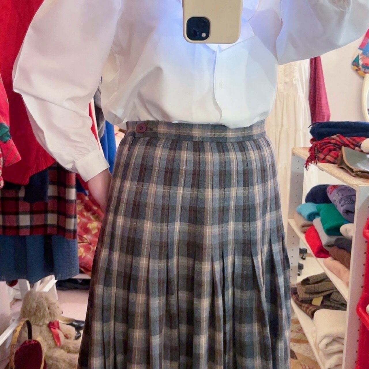 brown check tuck wool skirt