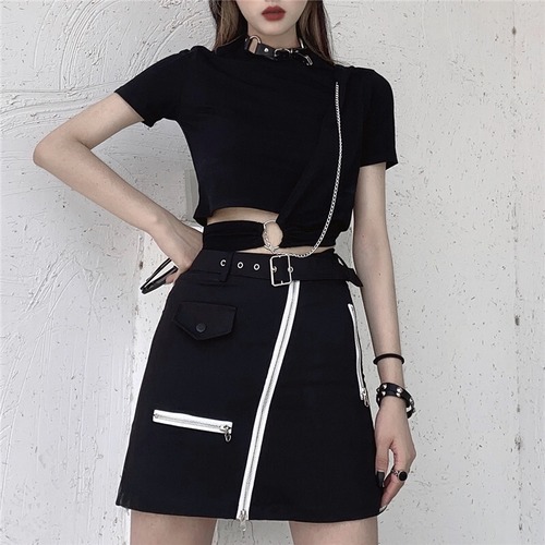 ✞ ダーク黒スリムショートカットソー＋チェーン半袖スリーブ or ジッパースカートベルト ✞ゴスロリ SM ミリ 甘ロリ クラロリ 和ロリ エレガント 黒ロリ 姫ロリ 華ロリ BB-BB9741937