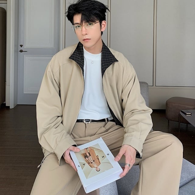 【予約販売】ブルゾン メンズ アウター ブラック ベージュ リバーシブル バイカラー ショート丈 ジップアップ メンズ レトロ クラシカル お洒落 こなれ感 シック トレンド 秋 春 M/L/XL