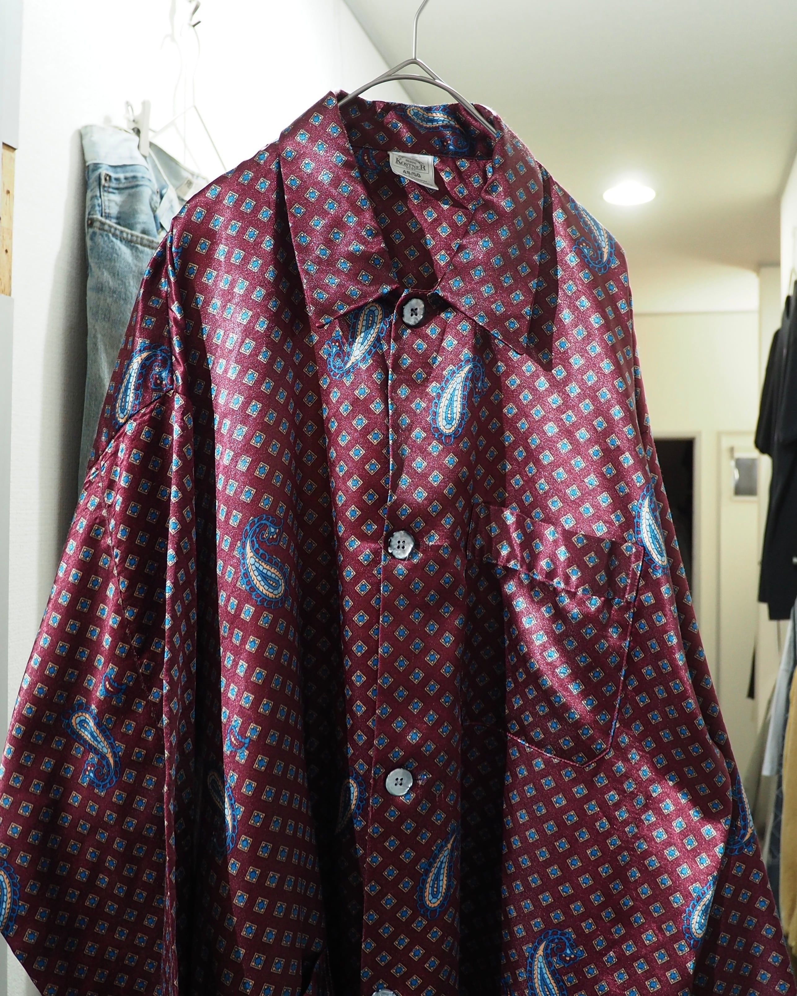 1990s Beautiful Bordeaux × Old Luxury Art Pattern Vintage Drape Loose Shirt