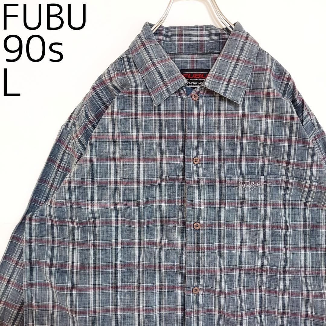 90s フブ FUBU チェックシャツ L グレー ポケット刺繍ロゴワンポイント