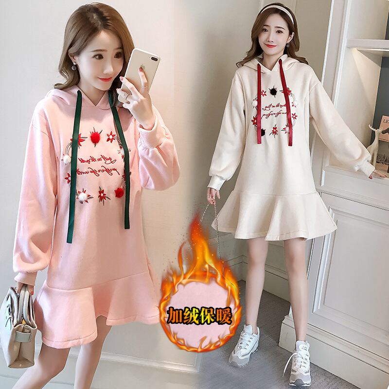 【新作】【送料無料】 マタニティウェア2019冬の新しいセーターとベルベットのパッド入りドレス、フード付きの刺繍ミドル丈の看護スカート-アリババ ウィンター 冬物 expec263504941536