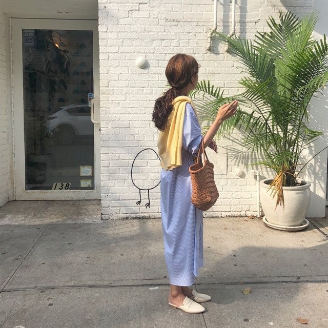 シャツワンピース ストライプ ロング丈 シャツワンピ ワンピース こなれ感 長袖 春コーデ 春 秋 大人 デート お出かけ 旅行 韓国 韓国ファッション オルチャン 可愛い おしゃれ レディース Fa878 Musubi Me 韓国 オルチャン レディースファッションのお店