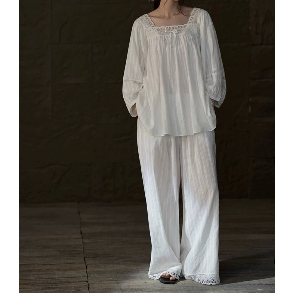【M-XL】square-neck lace ribbon white pajamas p1710