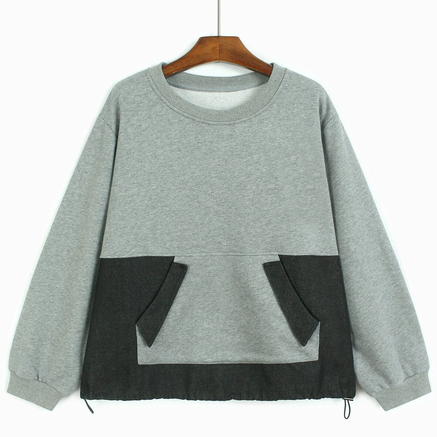 STITCH DRAWCORD HEM DESIGN ROUND NECK SWEAT SHIRT 2colors M-15250