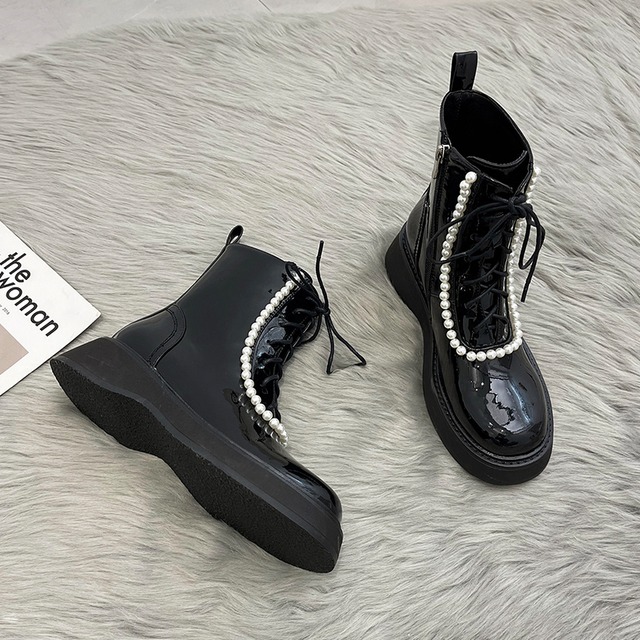 ショートブーツサマーパールスタイルスタンダードブラック レトロ レース 靴 シューズ 夏物 レースアップ 真珠 部族の婦人靴33898398428