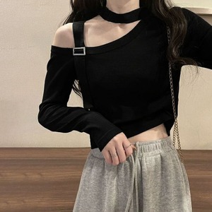 肩出し Tシャツ ショート丈 レディース 春夏秋 韓国 チョーカー風 肌見せ ストリート 原宿系 大人 カジュアル おしゃれ 大人可愛い 大人女子