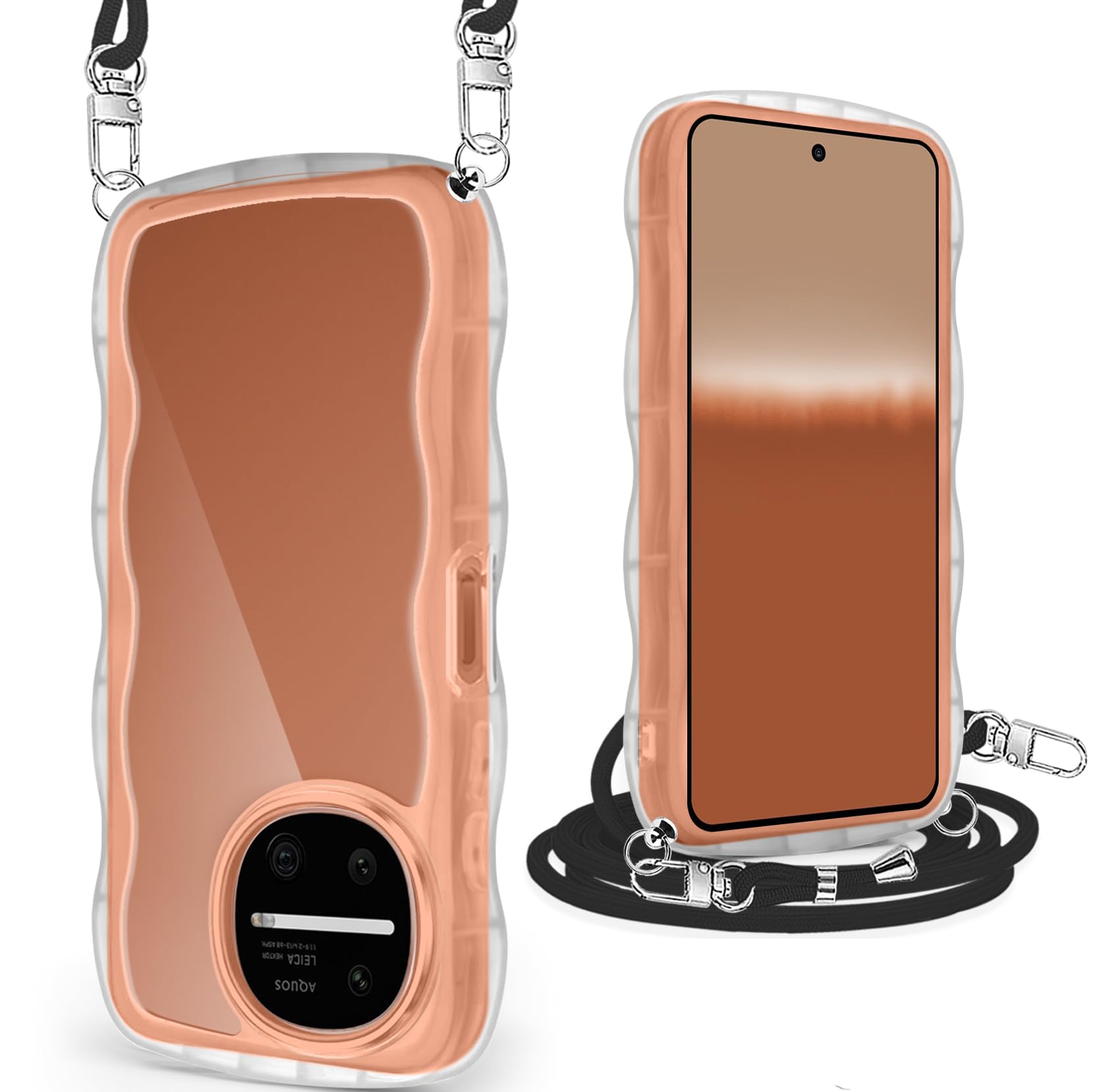 AQUOS R11 ケース クリア ショルダー ストラップ付き SH-51G スマホケース かわいい 波状フレーム 耐衝撃 人気 透明 アクオス R11 カバー 首かけ 肩掛け 薄型 軽量 TPU+PC ストラップホール付き(クリア)