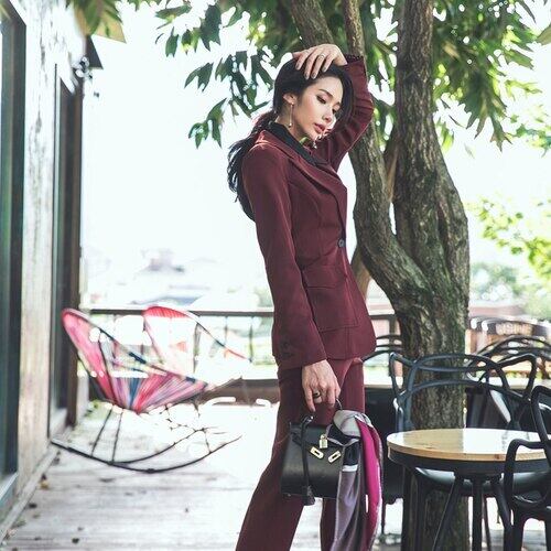 秋 ワンボタンノッチ ブレザーコートロングパンツ バーガンディ 2