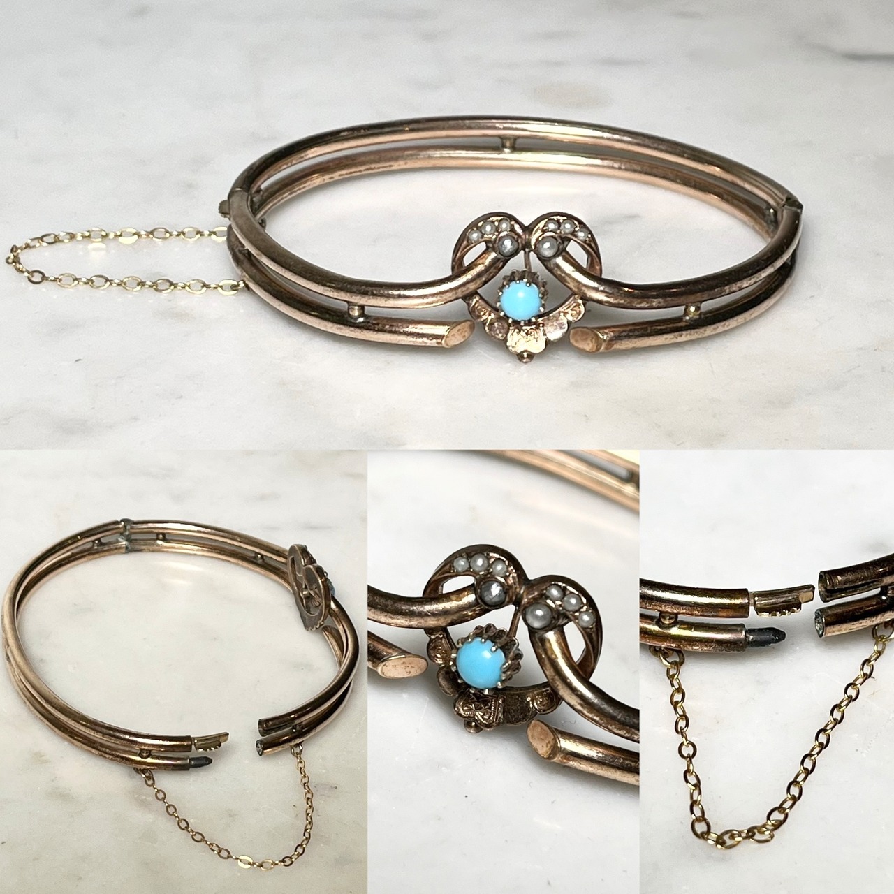 antique metal turquoise & seed pearl bangle