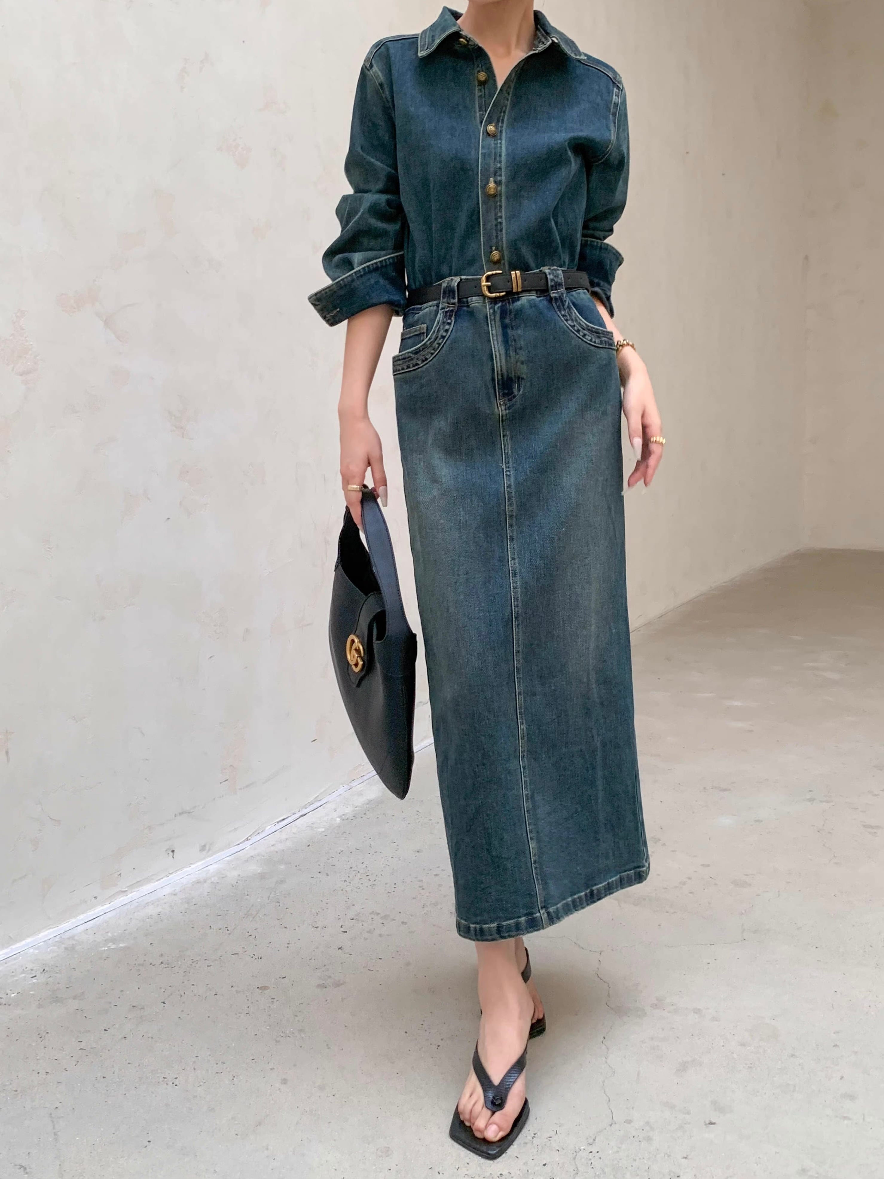 vintage wash belted denim dress.3211