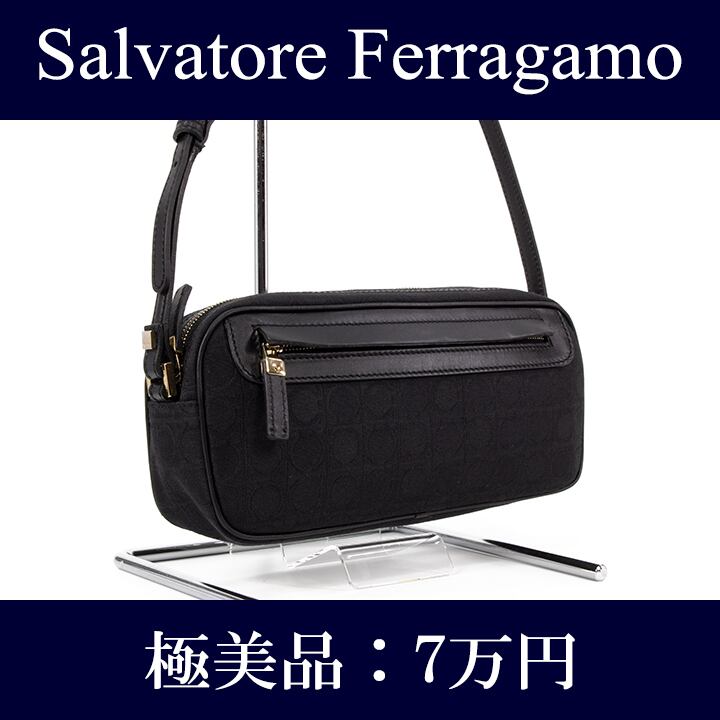 【限界価格・送料無料・極美品】Ferragamo・フェラガモ・ショルダーバッグ(ガンチーニ・人気・綺麗・ポーチ・黒・ブラック・バック・I019)
