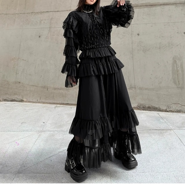 フリルディテール 長袖 トップス＆スカート 1color ST0212