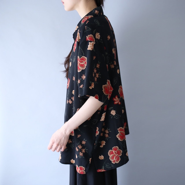 "花柄" black base red flower pattern box silhouette h/s shirt