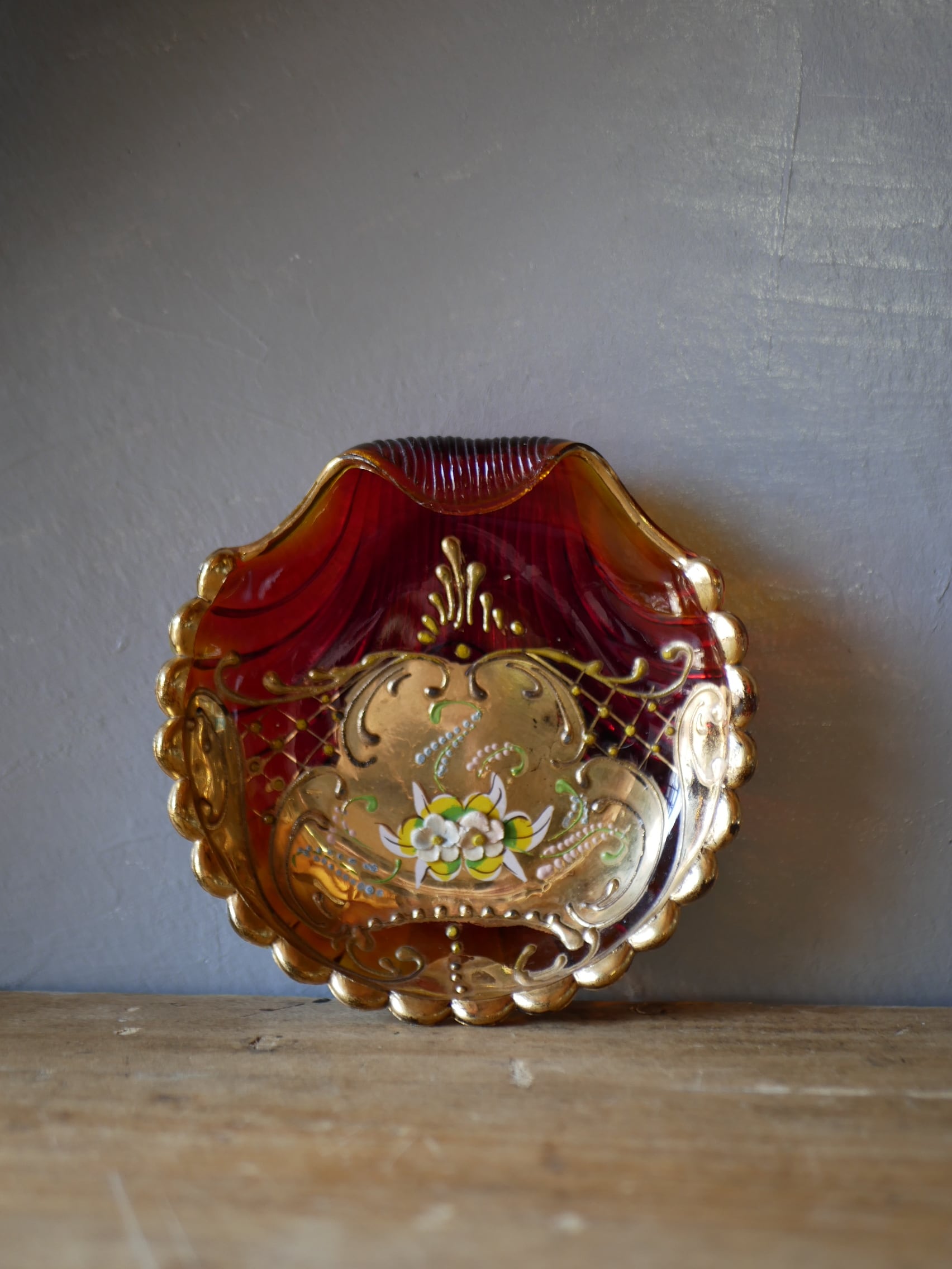 オレンジカラー ハンドペイント ガラスのトレイ フランスアンティーク ブロカントのある暮らし