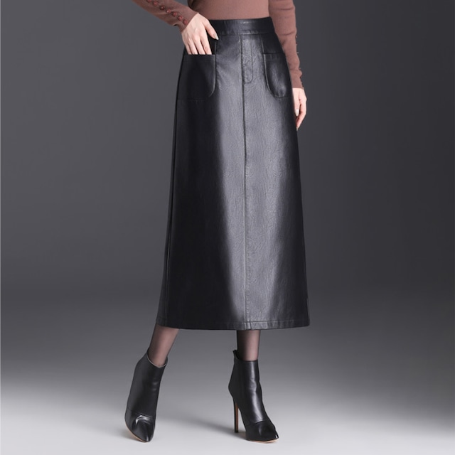 レザー風 スリムフィット ミディ丈スカート　G1190