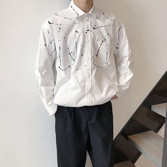 【予約販売】シャツ 長袖 メンズ ペインティング ブラック ホワイト シック こなれ感 お洒落 韓国 トレンド 春 M/L/XL