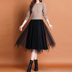 【送料無料】 ワンピース レディース ドッキングワンピース セットアップ風 異素材 異素材切り替え 膝下 ひざ下 ミモレ丈 長袖 クルーネック ニット ケーブルニット ケーブル編み チュールスカート ハイウエスト フレア 大人 おしゃれ 上品 きれいめ デート 女子会 OL 韓国ファッション お出かけ 大きいサイズ M-3XL 体型カバー 細見え 着痩せ 秋 冬 20代 30代 40代 50代 レッド パープル ベージュ ブラック ブラウン オートミール