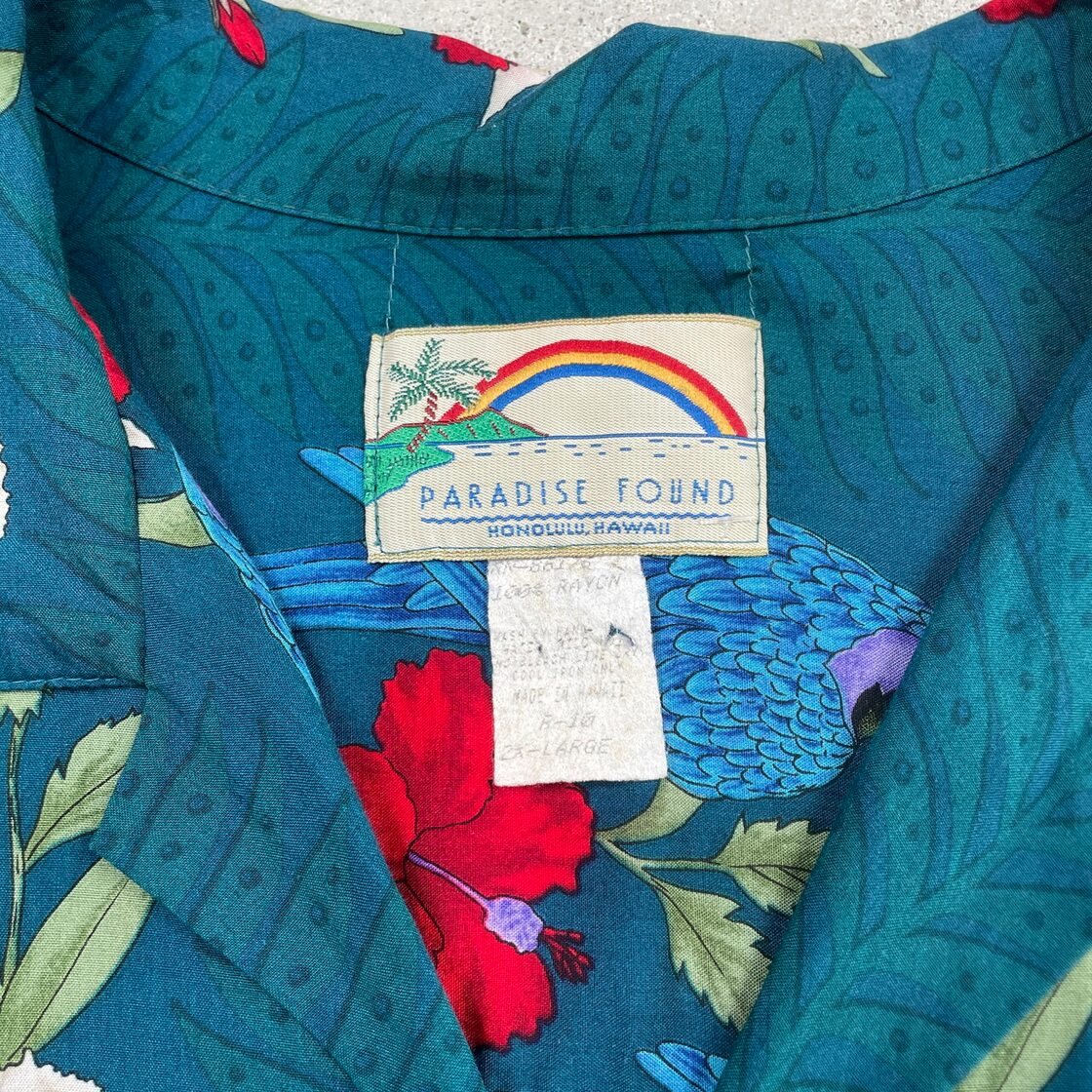 90年代 ハワイ製 PARADISE FOUND 総柄 レーヨン ハワイアンシャツ 