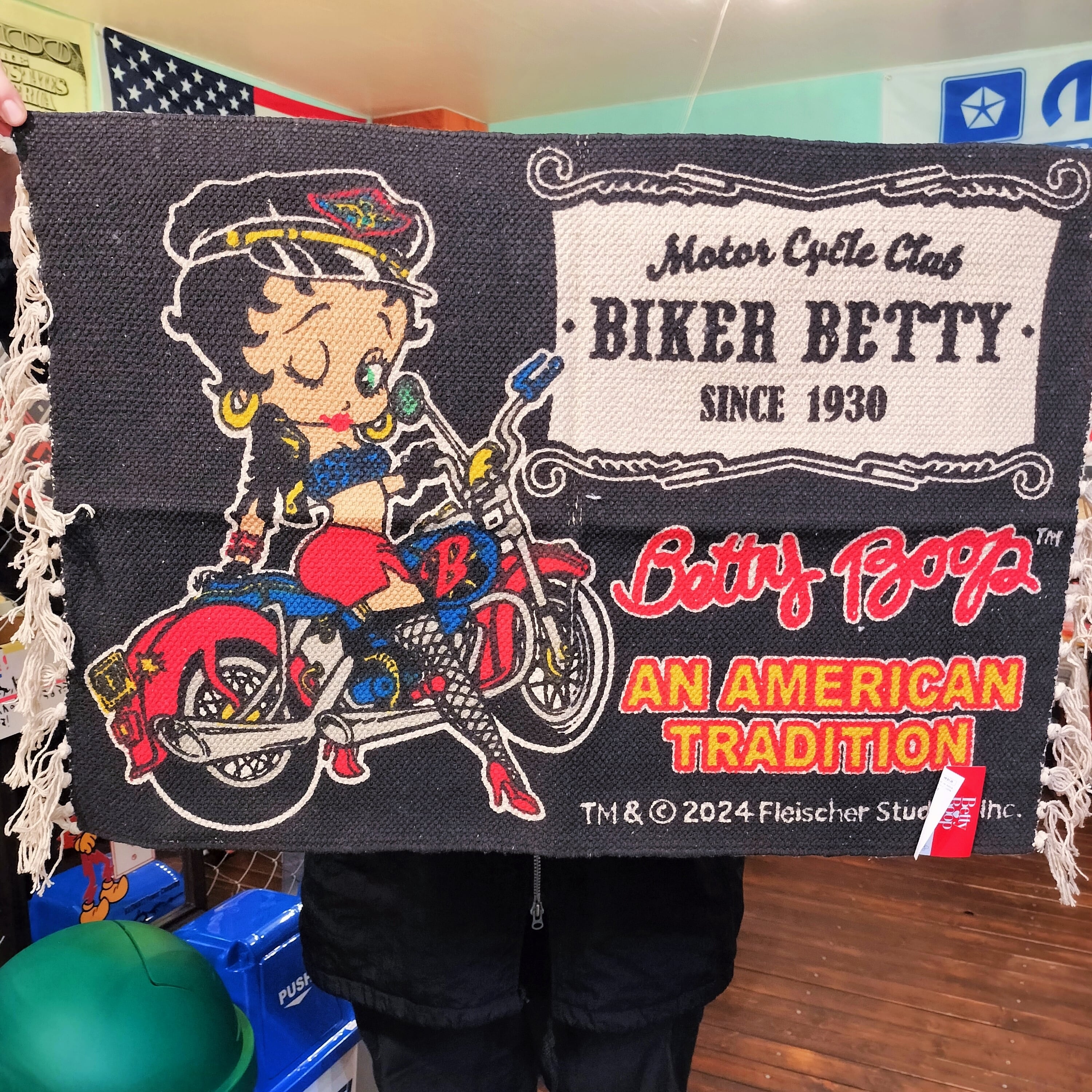 コットンフリンジマット◆ベティブープ バイク/ショートサイズ◆玄関 キッチン タペストリー アメリカン雑貨